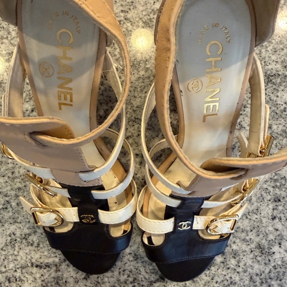 CHANEL Black and Cream Multi-Strap Heels